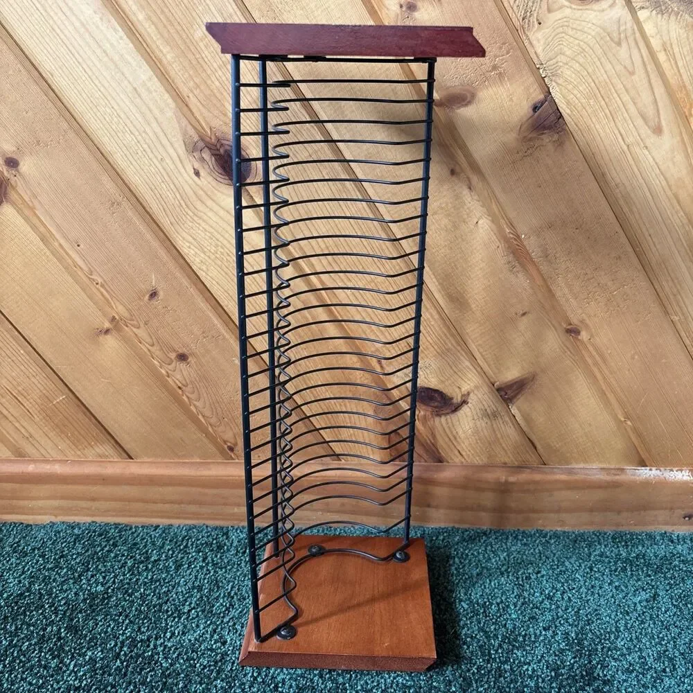2 Vtg Wood & Wire CD Tower Rack Stand Holds 28 (30) ea CDs 18-1/4” Media Storage